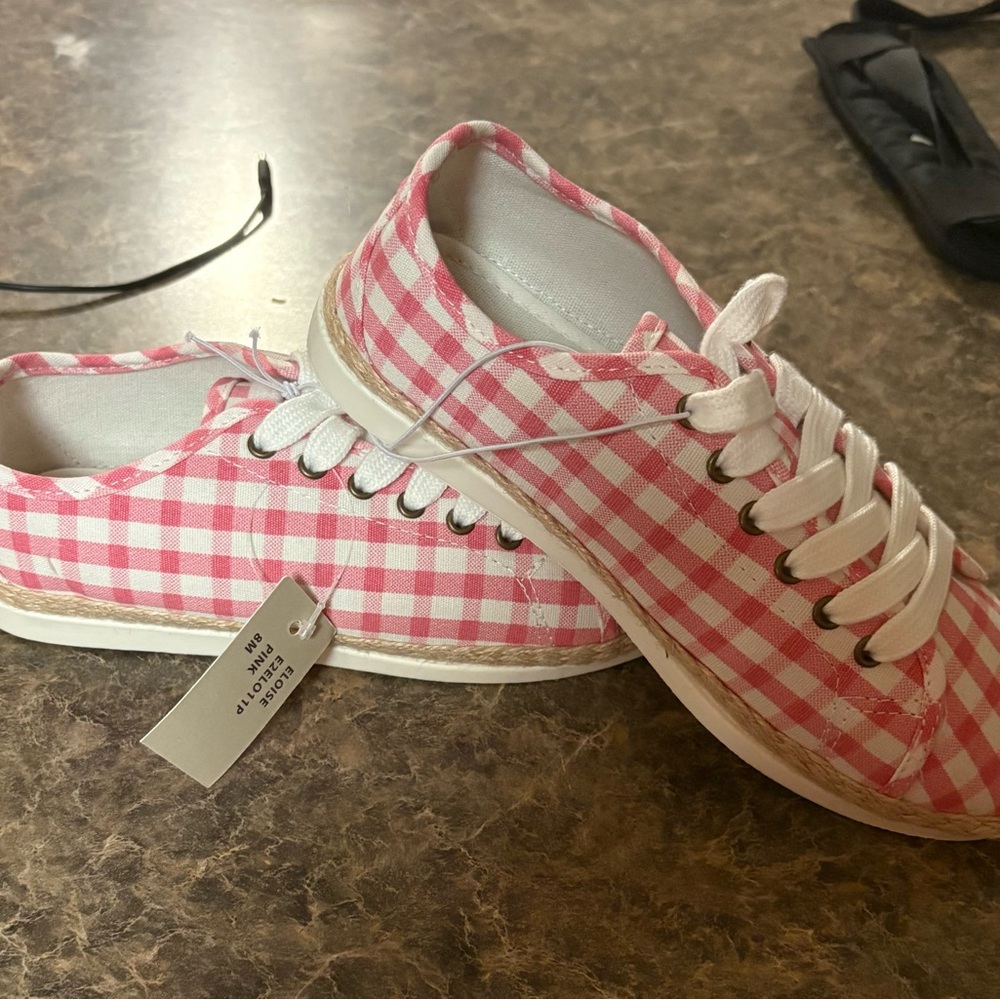 Esprit Gingham Pink and White Espadrilles Size 8 NWT